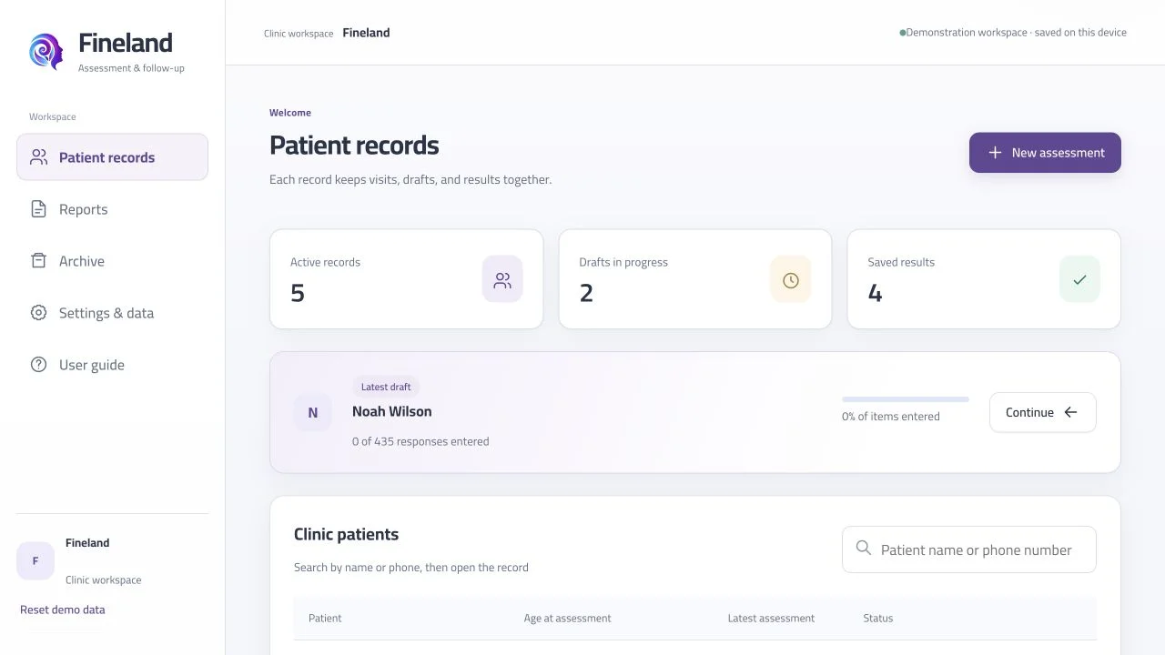 Fineland demonstration interface with fictional sample records