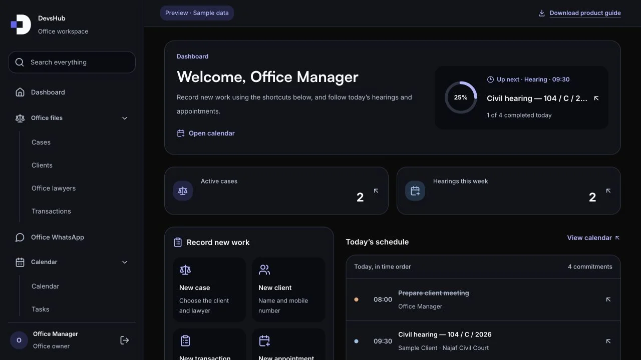 DevsHub Legal Workspace demonstration interface with fictional sample records